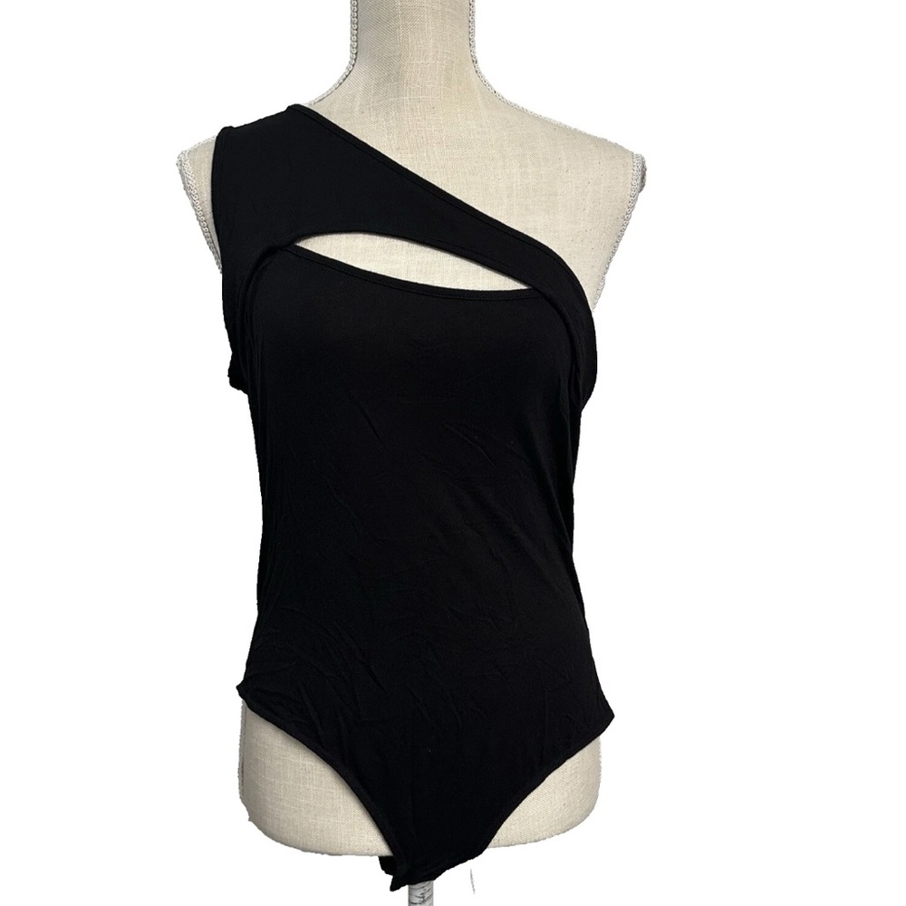 One-Shoulder Cut-Out Keyhole Black Bodysuit Stretchy Size XL NOBRAND